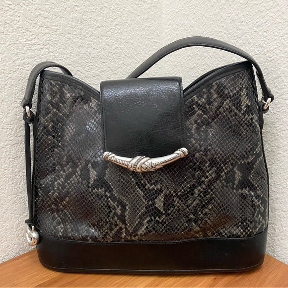 Vintage BRIGHTON Black Snakeskin Leather Adjustable Strap Shoulder Bag - Picture 11 of 16